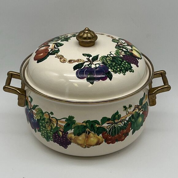 TABLETOPS UNLIMITED Pot and Lid Enamel Steel Heat Fruits Covered Serving Dish - Picture 6 of 14